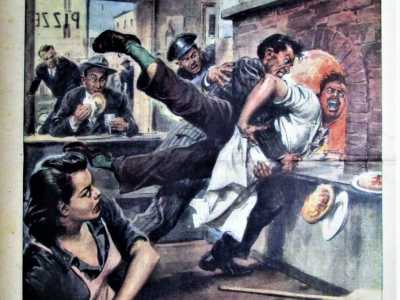 L�anno dopo, il 23 novembre 1952, � la volta di un�altra notizia curiosa. Le immagini mostrano un uomo che, dopo una lite, cerca di gettare un pizzaiolo nel forno a legna infuocato. L�aspirante omicida verr� poi fermato da un vigile urbano